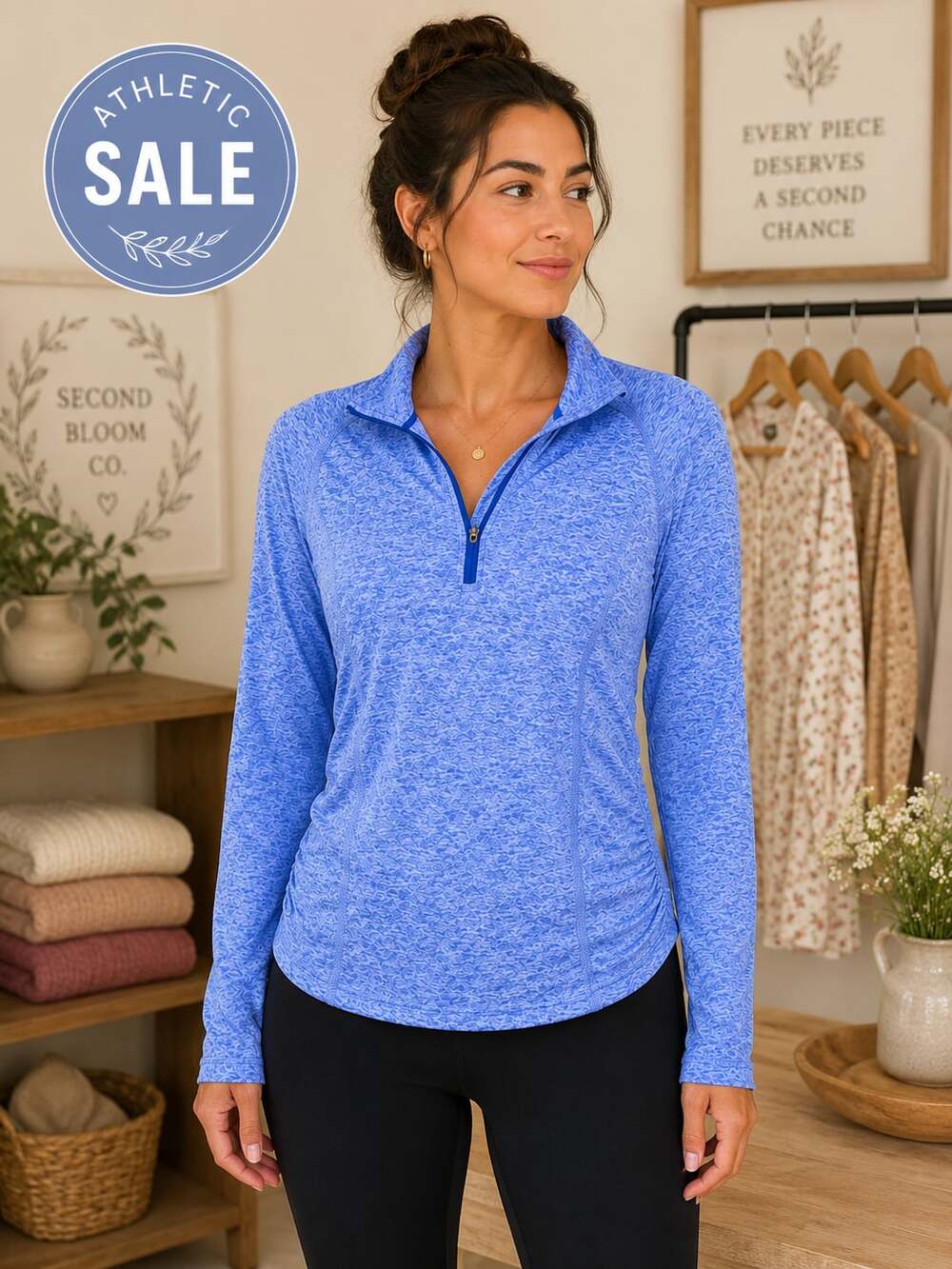 Athleta Blue Heathered Ruched Quarter Zip Pullover Women’s Medium B1G1